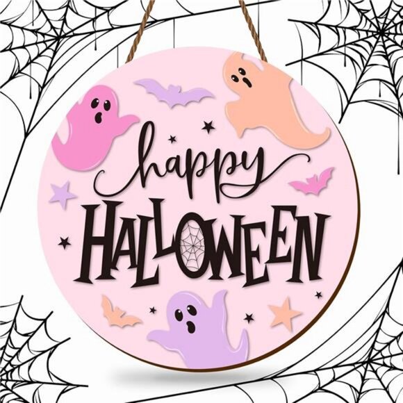 Halloween Ghost Wooden Hanging Sign Pink Spooky Welcome Sign Ghost Bat Door - Picture 1 of 8